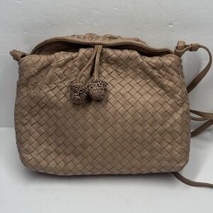 Vintage Walter Katten Woven Leather Shoulder Bag Made in Italy Taupe Beige